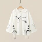 White japanese soft girlcat style hoodie with cute cat and paw print design and black ribbon details