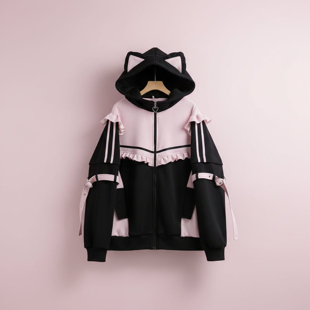 Black and pink kawaii cat ear hoodie for women with ears featuring ruffles and zipper front