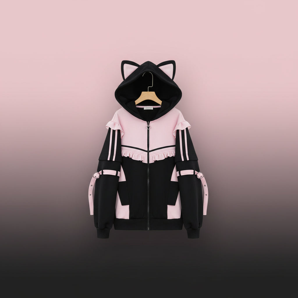 Kawaii cat ear hoodie for women with ears in black and pink with ruffle details and adjustable straps