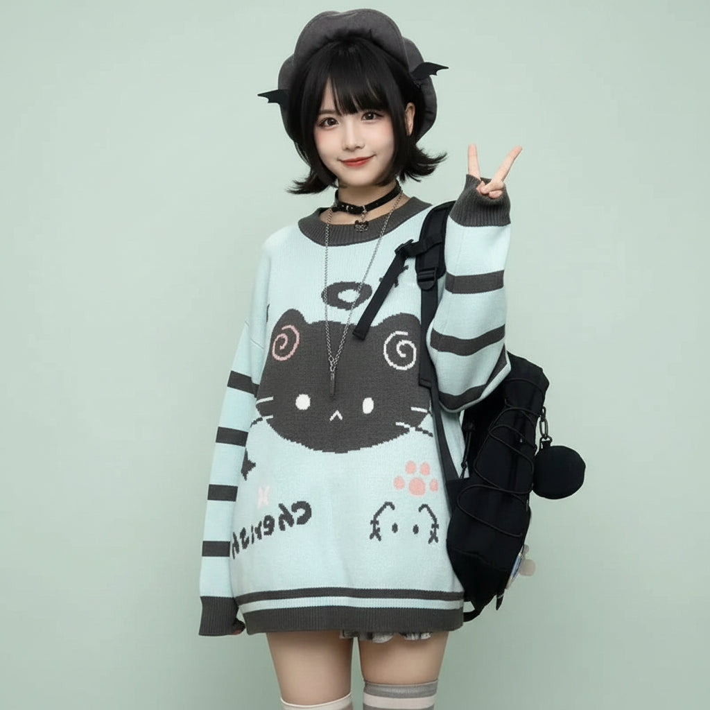 Woman wearing a kawaii cat sweater for women in light blue with black cat design and striped sleeves