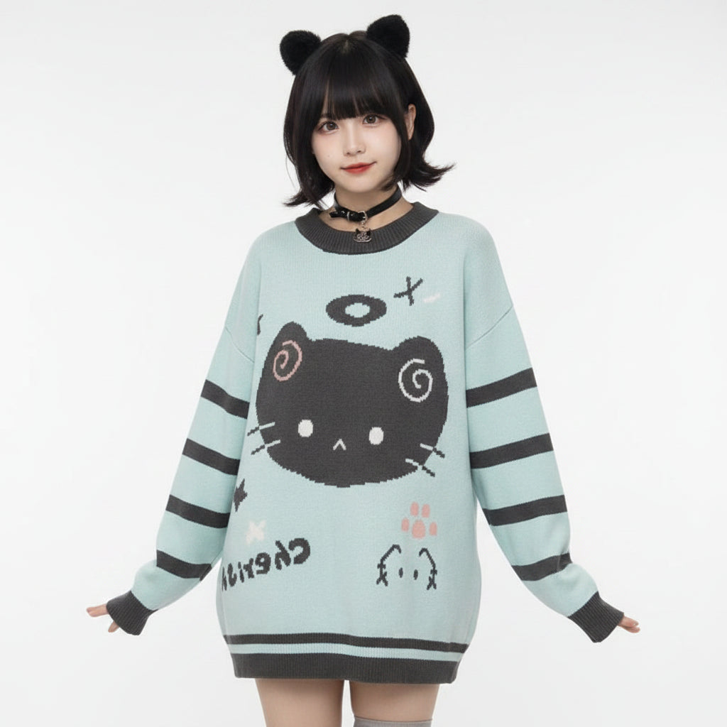 Woman wearing a kawaii cat sweater for women with black cat design and striped sleeves