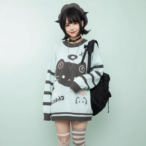 Woman wearing a kawaii cat sweater for women in pastel colors with striped sleeves and cat face design