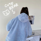 Vusy Kawai Shop kawaii fluffy jacket for women in light blue with cute bear face on hood