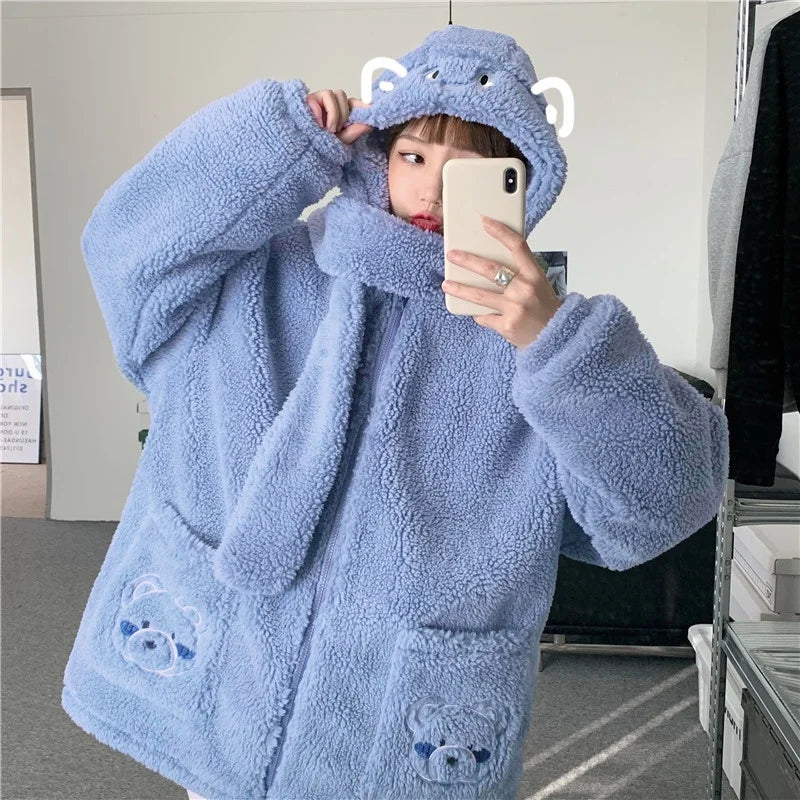 Kawaii fluffy jacket for women in light blue with bear ears hood and bear face pockets