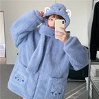 Kawaii fluffy jacket for women in light blue with bear ears hood and bear face pockets