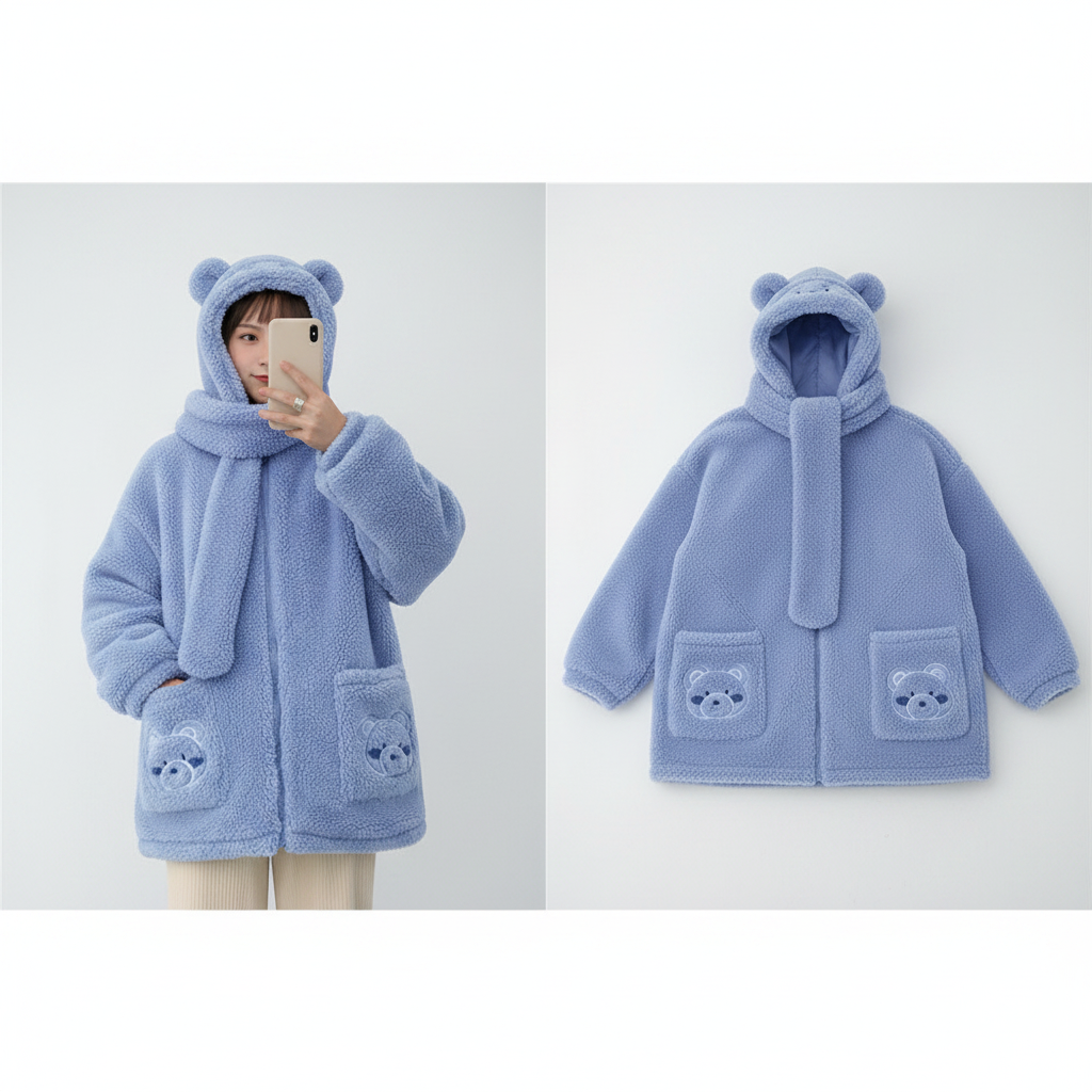 Kawaii flauschige Jacke für Damen mit Bärentaschen