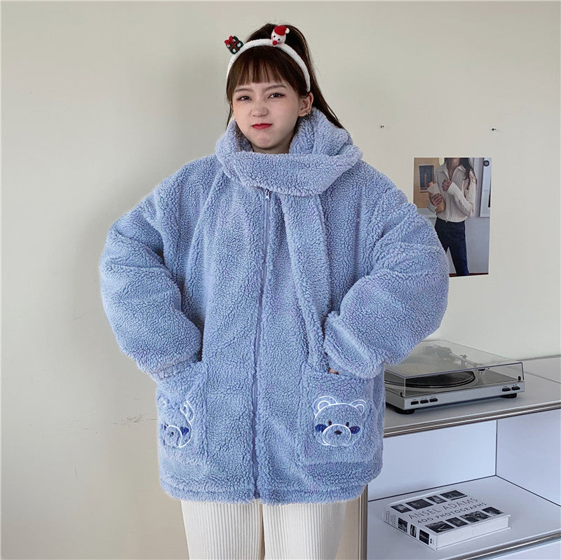 Kawaii fluffy jacket for women in light blue with bear pocket designs and cozy hood
