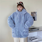 Kawaii fluffy jacket for women in light blue with bear pocket designs and cozy hood