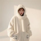 Kawaii fluffy jacket for women in white with bear face hood and cozy plush fabric