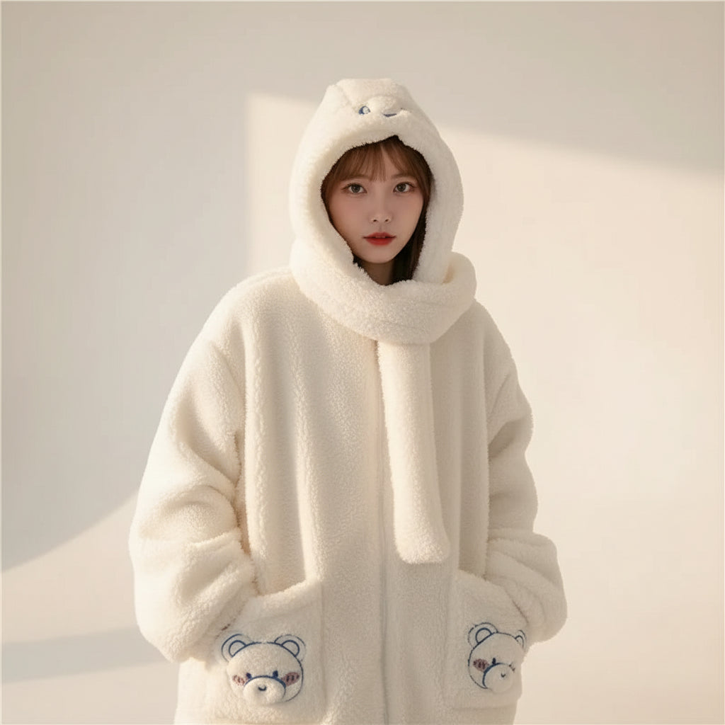 Kawaii fluffy jacket for women in white with bear face hood and cozy plush fabric