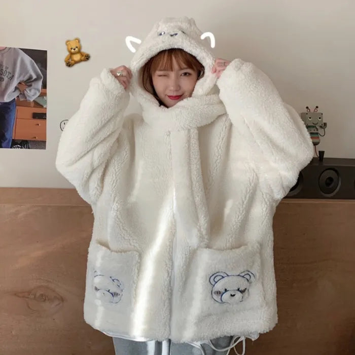 Kawaii fluffy jacket for women in white with bear ears hood and bear face pockets from Vusy Kawai Shop
