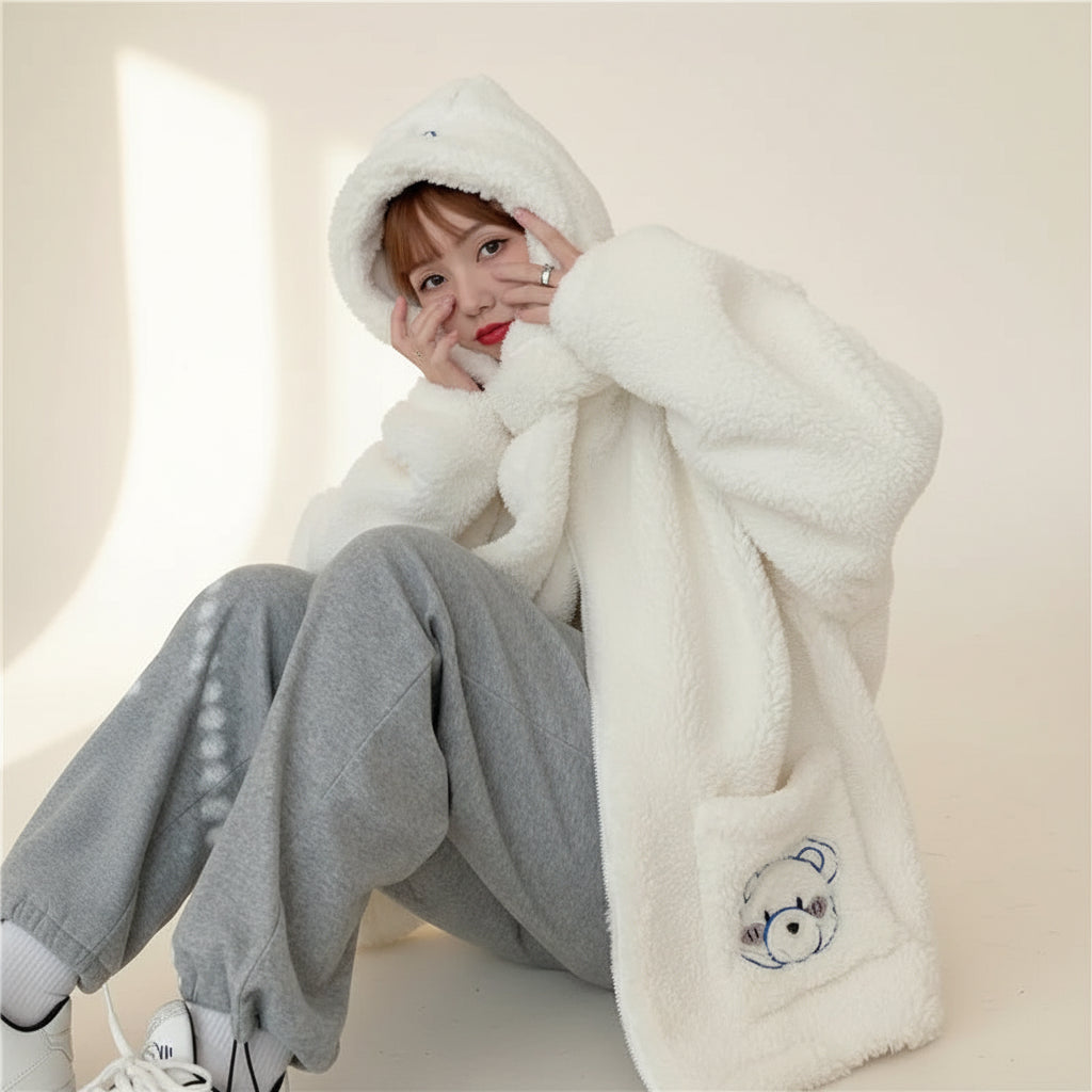 Kawaii fluffy jacket for women in white with hood and bear embroidery worn by seated woman