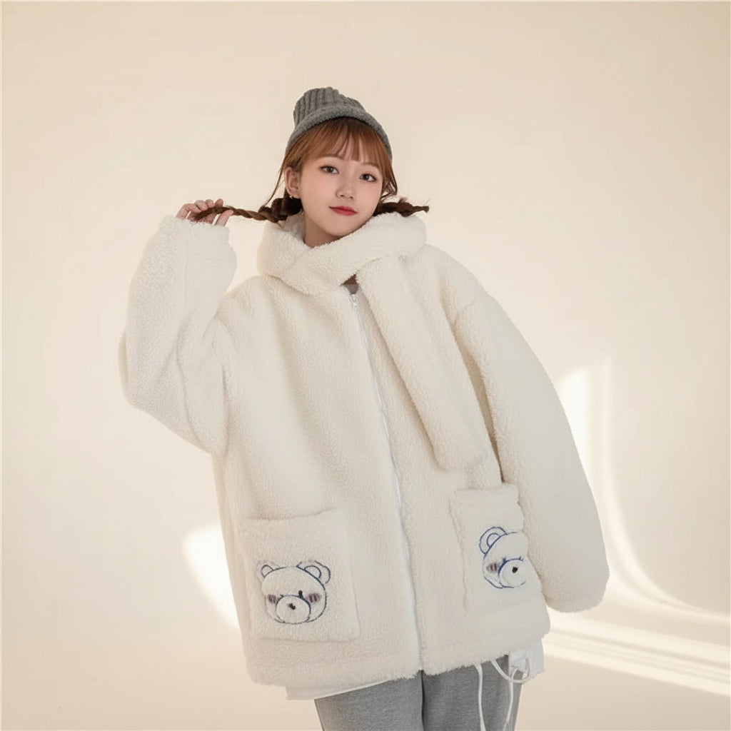 Kawaii fluffy jacket for women in white with bear pocket details and attached scarf
