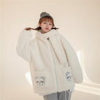 Kawaii fluffy jacket for women in white with bear pocket details and attached scarf