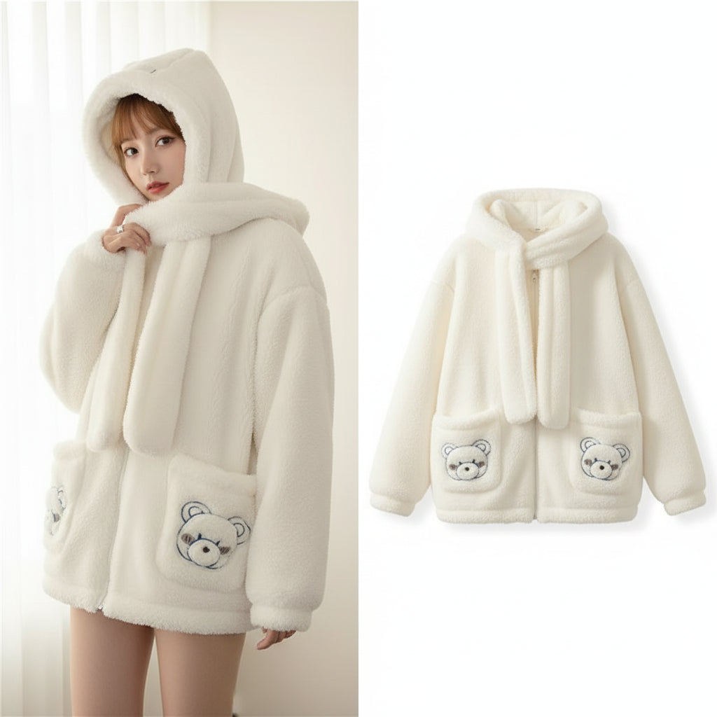 White kawaii fluffy jacket for women with hood and scarf featuring teddy bear paws embroidery