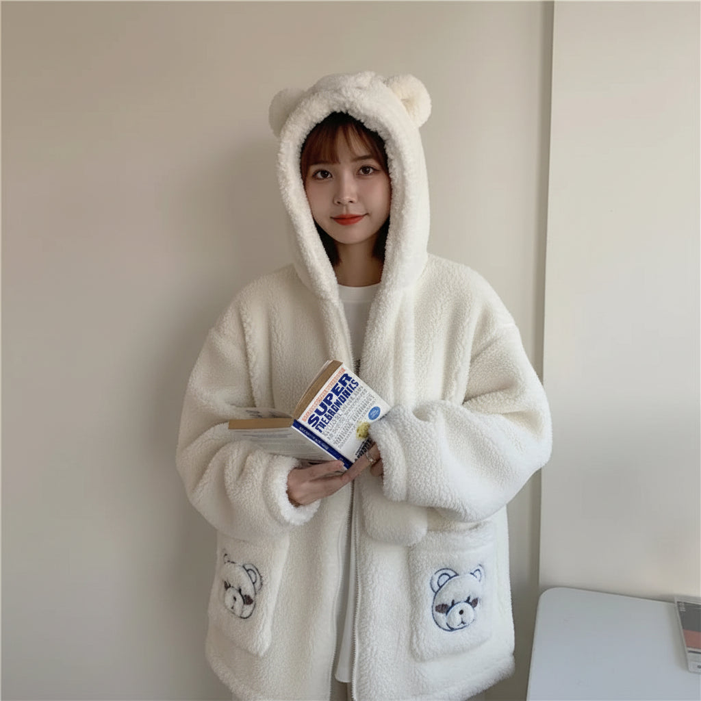 Kawaii fluffy jacket for women in white with bear ears hood and front pockets by Vusy Kawai Shop