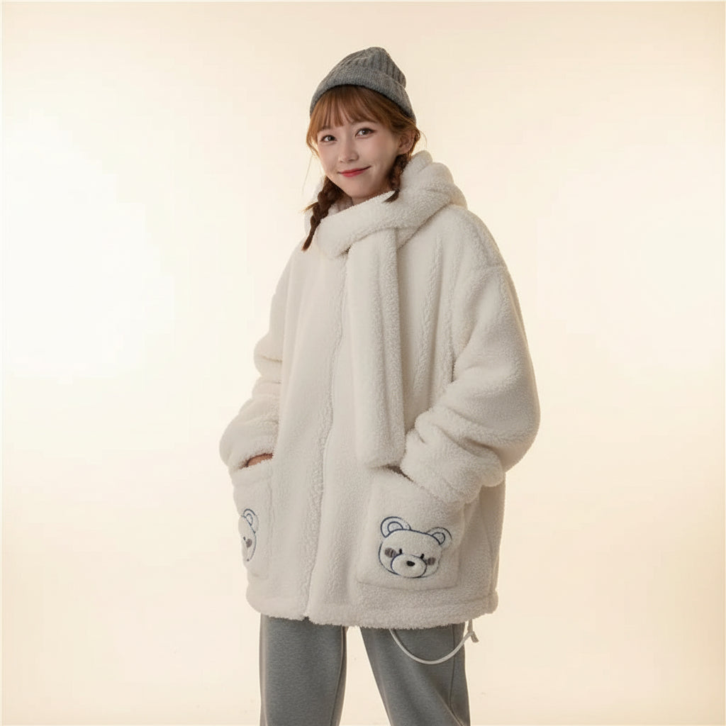 Kawaii fluffy jacket for women in white with bear patch pockets worn by a seated woman