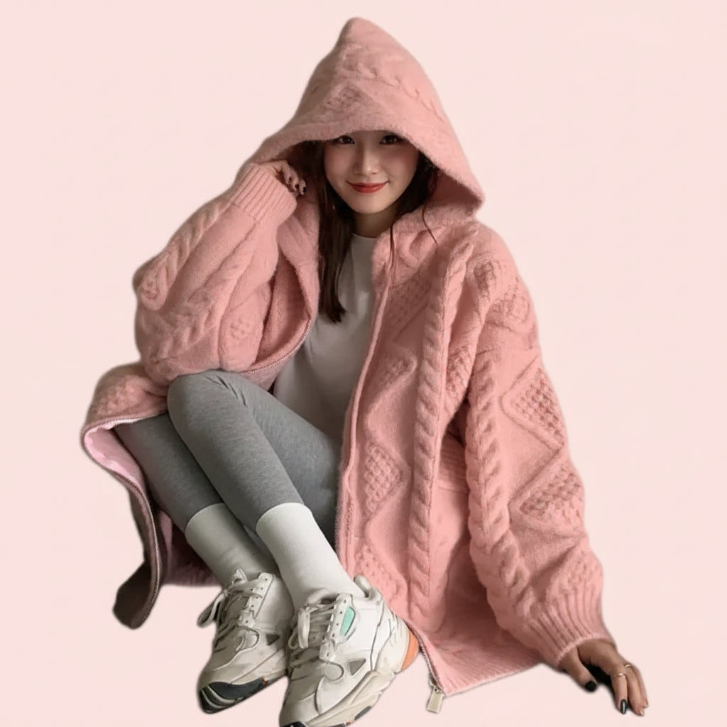 Korean style women's oversized knitted jacket korean style in pink with hood and cable knit pattern
