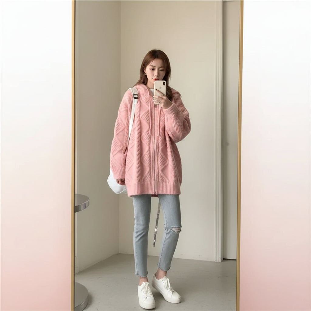 Korean style women's oversized knitted jacket korean style in soft pink with zip front and textured pattern