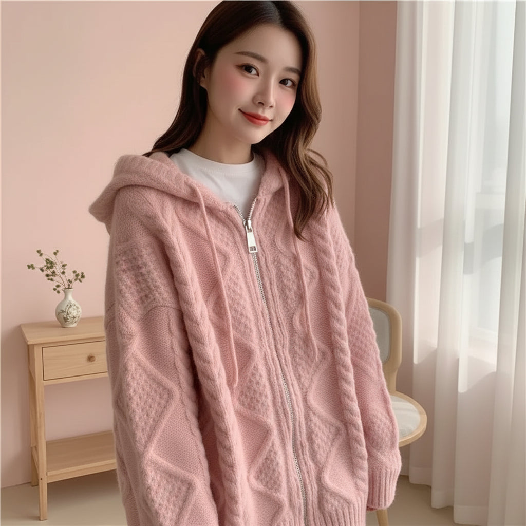 Korean style women's oversized knitted jacket korean style in soft pink with cable knit design