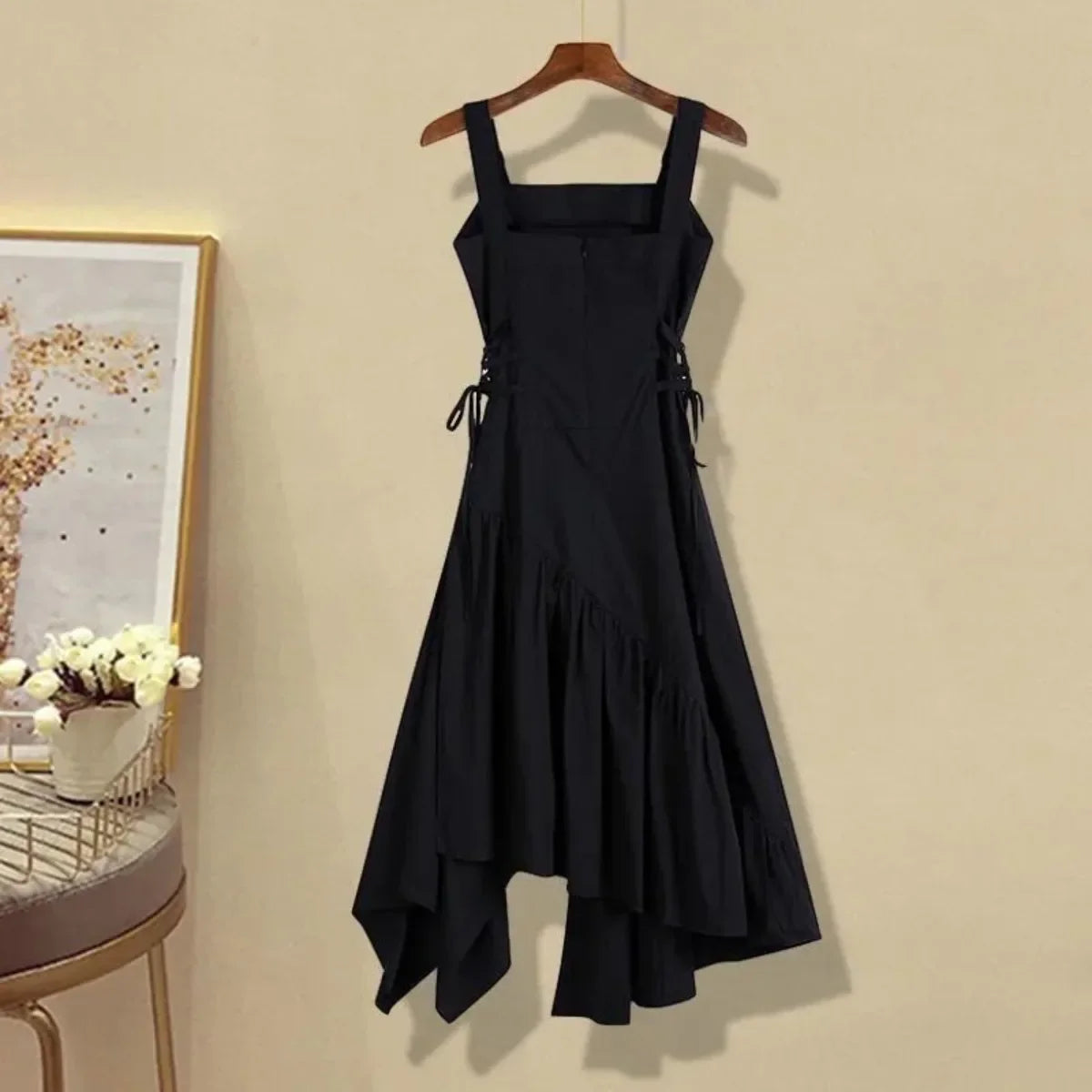 Black asymmetrical dress from Vusy Kawai Shop styled as plaid shirt Black dress set for women