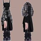 Plaid shirt Black dress set for women with layered plaid shirt and black asymmetrical dress paired with black boots