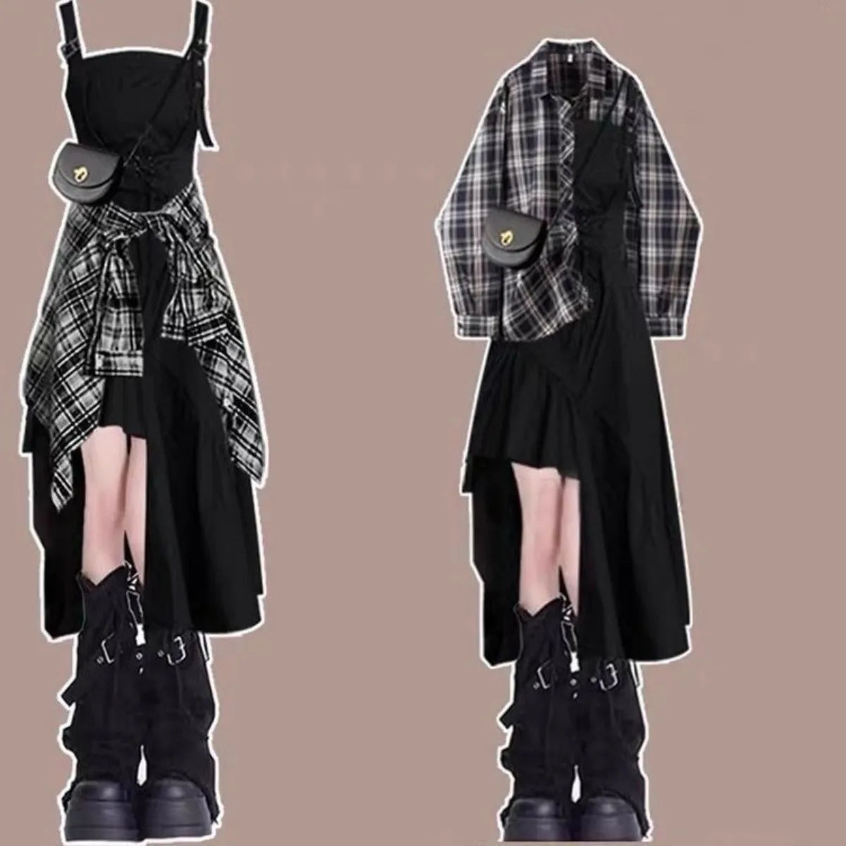 Plaid shirt Black dress set for women with layered plaid shirt and black asymmetrical dress paired with black boots