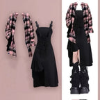 Plaid shirt Black dress set for women featuring a pink plaid shirt and black asymmetrical dress with strap detailing