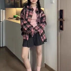 Plaid shirt Black dress set for women featuring a pink plaid shirt and black pleated skirt outfit