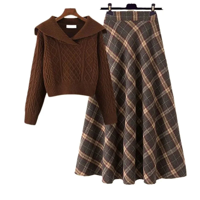 Plaid skirt two-piece winter set featuring a brown knit sweater and a long plaid skirt