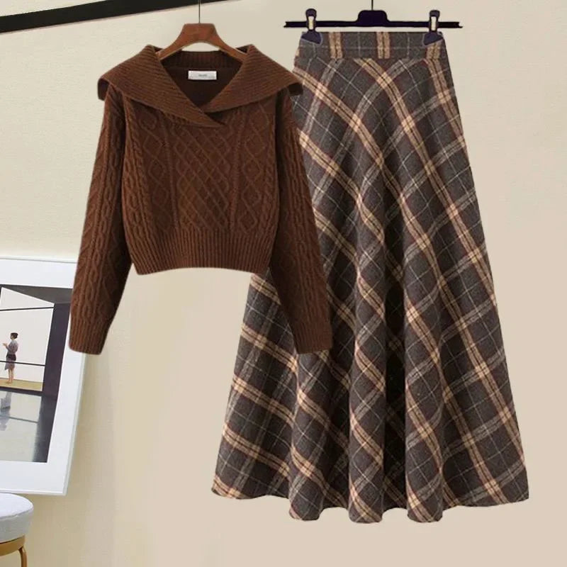 Plaid skirt two-piece winter set featuring a brown cable knit sweater and matching plaid skirt