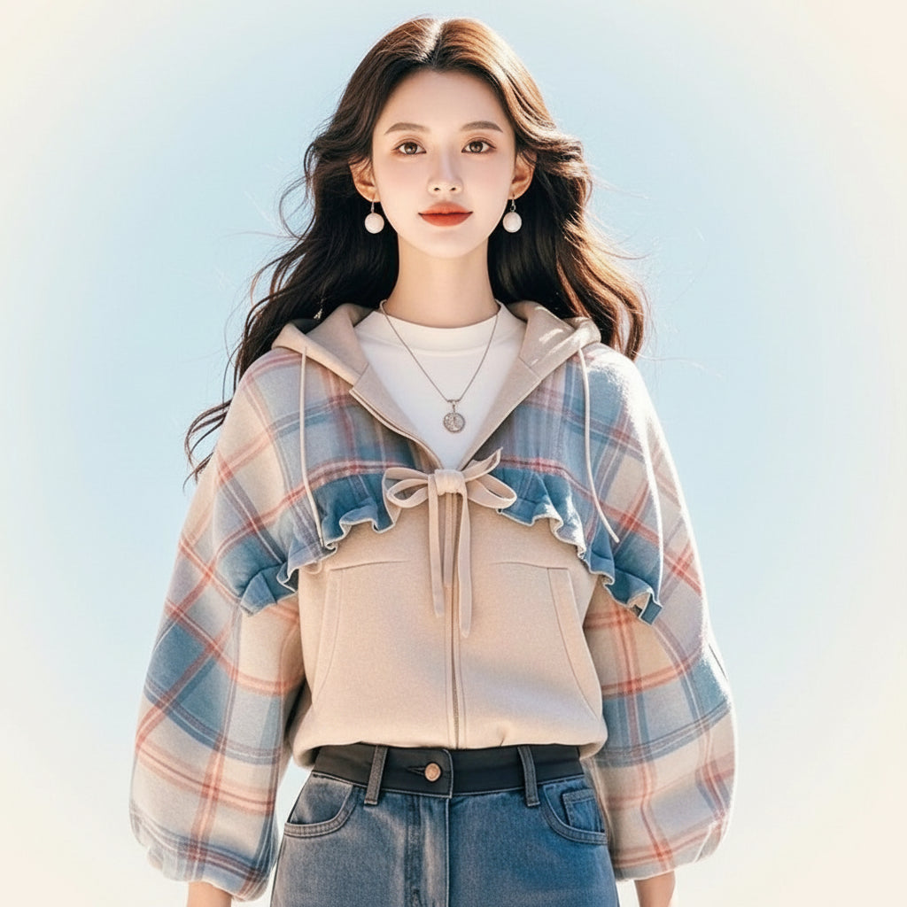 Woman wearing preppy style aesthetic hoodies for women with plaid ruffle details and a soft beige base