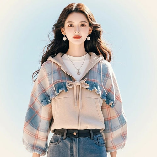 Woman wearing preppy style aesthetic hoodies for women with plaid ruffle details and a soft beige base