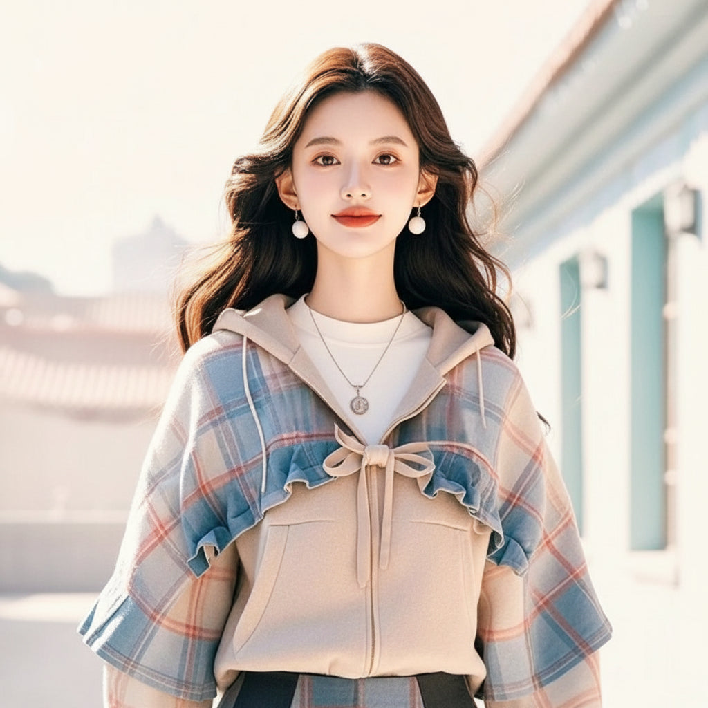 Young woman wearing preppy style aesthetic hoodies for women in beige with plaid ruffle details