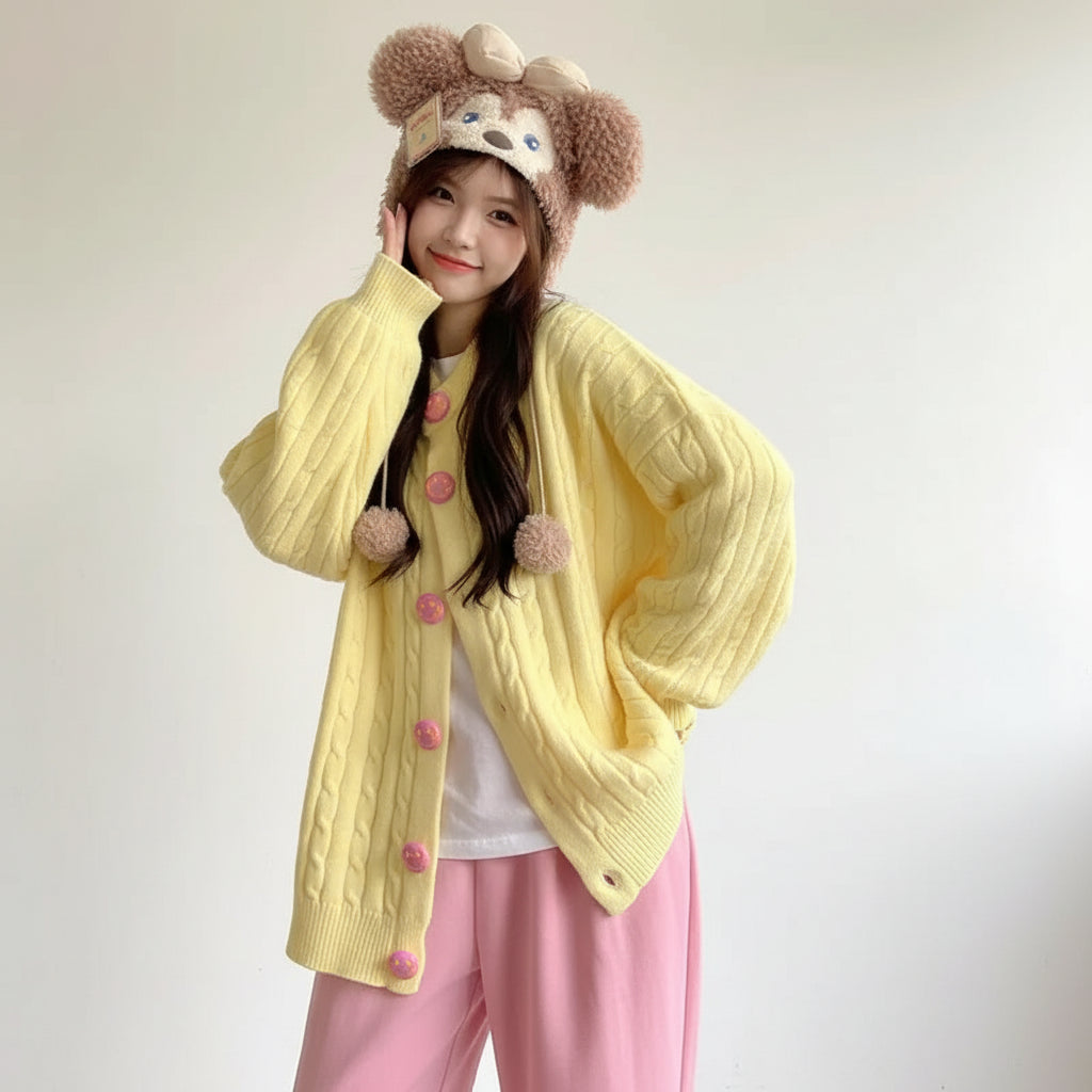 Yellow embroidered cardigan for women with pink buttons and pom pom details worn with pink pants