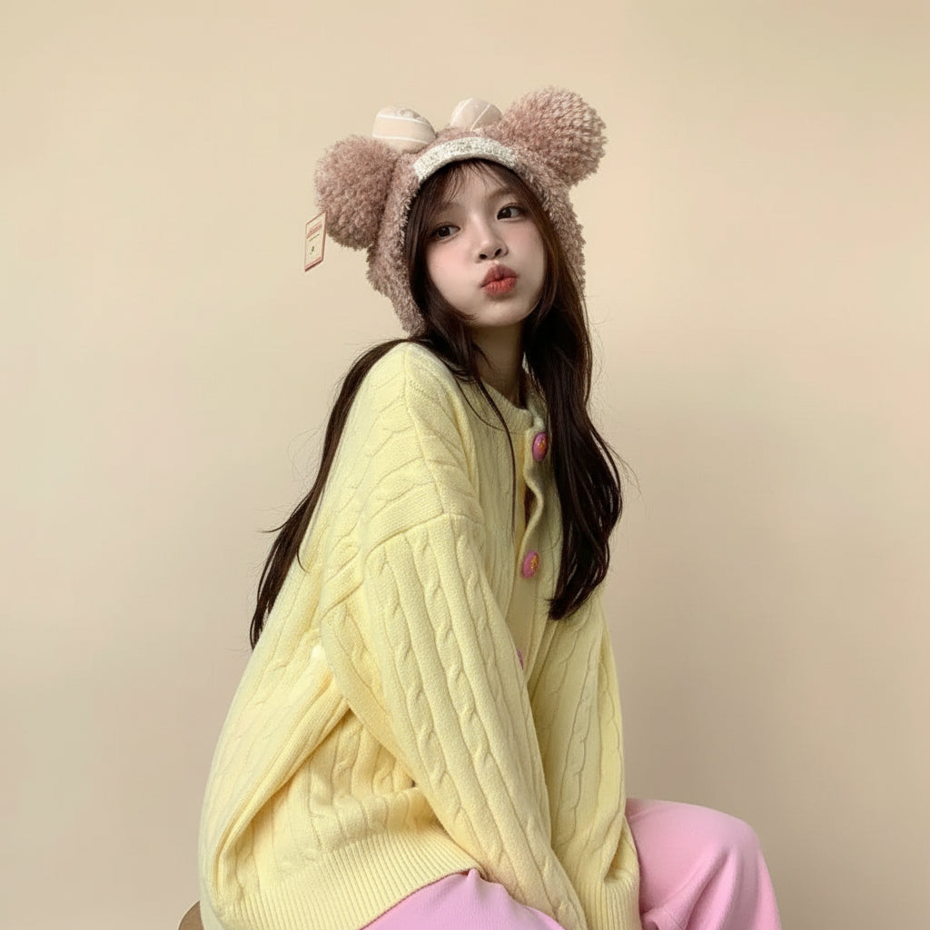 Yellow embroidered cardigan for women worn by a woman sitting with pink pants and a knitted hat