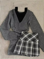 Vintage Womens Kawaii 3-Piece Dress Set with Cardigan and Corset in gray and black plaid