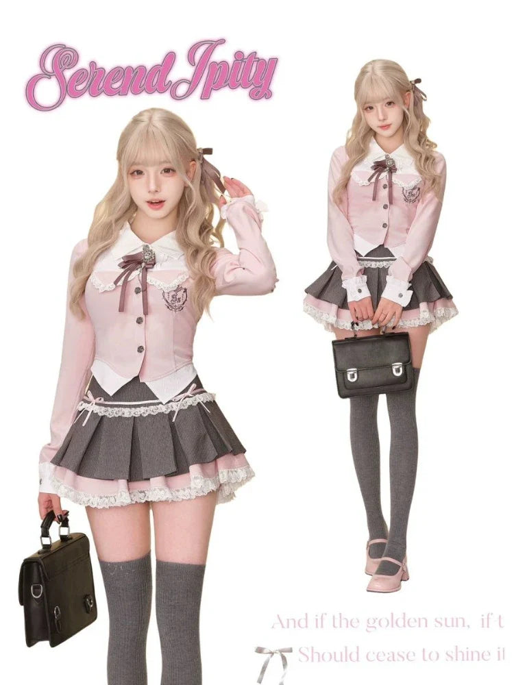 Vintage Womens Kawaii 3-Piece Dress Set with Cardigan and Corset in pink and gray with lace details