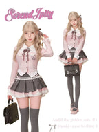 Vintage Womens Kawaii 3-Piece Dress Set with Cardigan and Corset in pink and gray with lace details