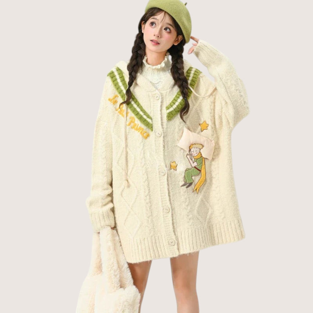 Cute lolita knitted sweater coat with embroidery in cream color featuring green accents and whimsical designs