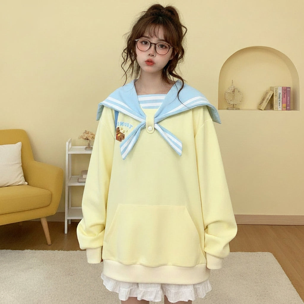 Japanese harajuku bear oversized hoodie in pastel yellow with blue sailor collar and bear graphic