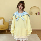 Japanese harajuku bear oversized hoodie in pastel yellow with blue sailor collar and bear graphic