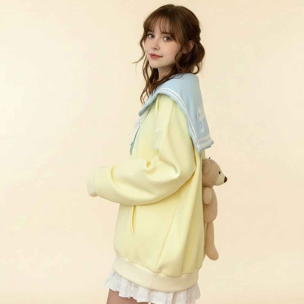 Japanese harajuku bear oversized hoodie in pastel yellow with attached plush bear and sailor collar