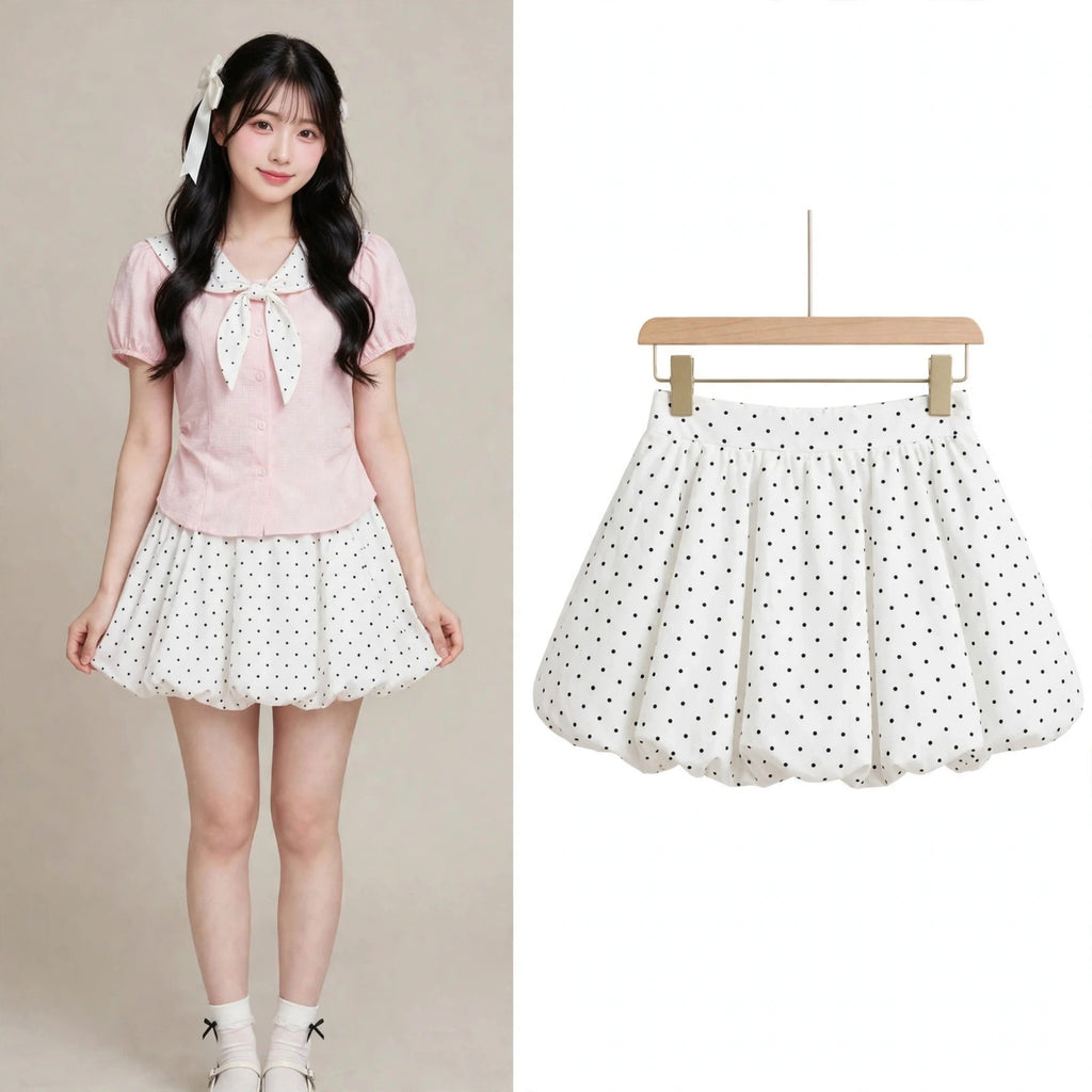 Women's Sweet Polka Dot Bow Collar Top & Mini Skirt Set