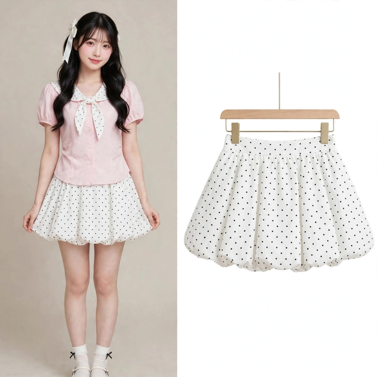 Women's Sweet Polka Dot Bow Collar Top & Mini Skirt Set