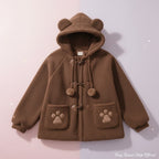 Vusy Kawaii Shop Official brown lamb wool coat with bear ears hood, toggle closure, and paw print pockets.