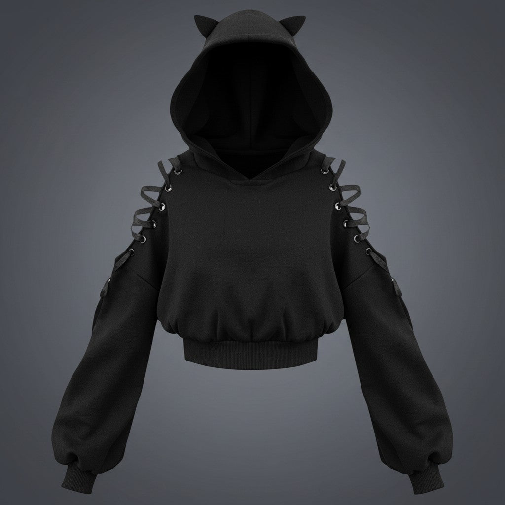 Vusy Kawaii Shop Official black cotton-polyester blend hoodie with cat ears and lace-up sleeves.
