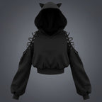 Vusy Kawaii Shop Official black cotton-polyester blend hoodie with cat ears and lace-up sleeves.