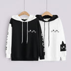 Vusy Kawaii Shop Official black and white cotton-blend pullover hoodies with cat ear hoods and Japanese text.