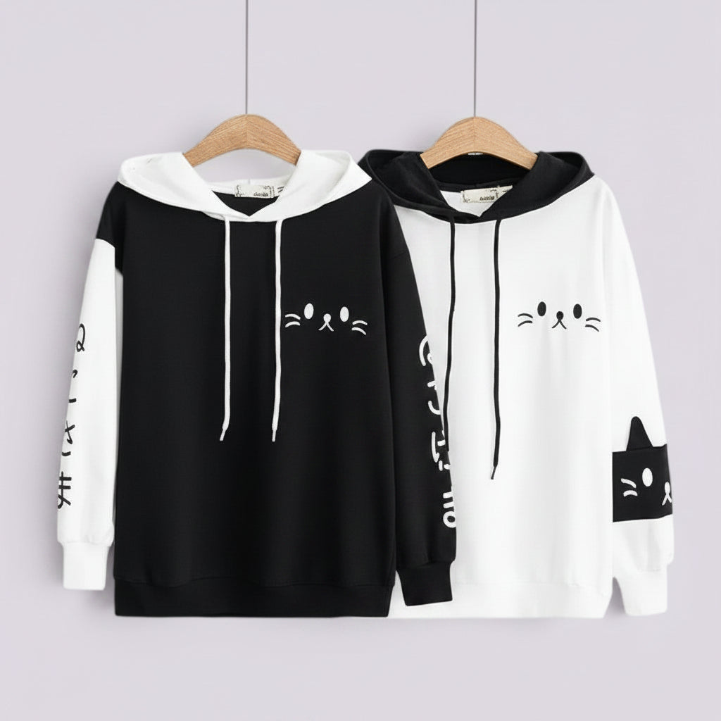 Vusy Kawaii Shop Official black and white cotton-blend pullover hoodies with cat ear hoods and Japanese text.